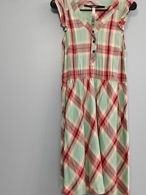 Kensie Mint & Coral Plaid Sleeveless Midi Button-Front Dress Size Small